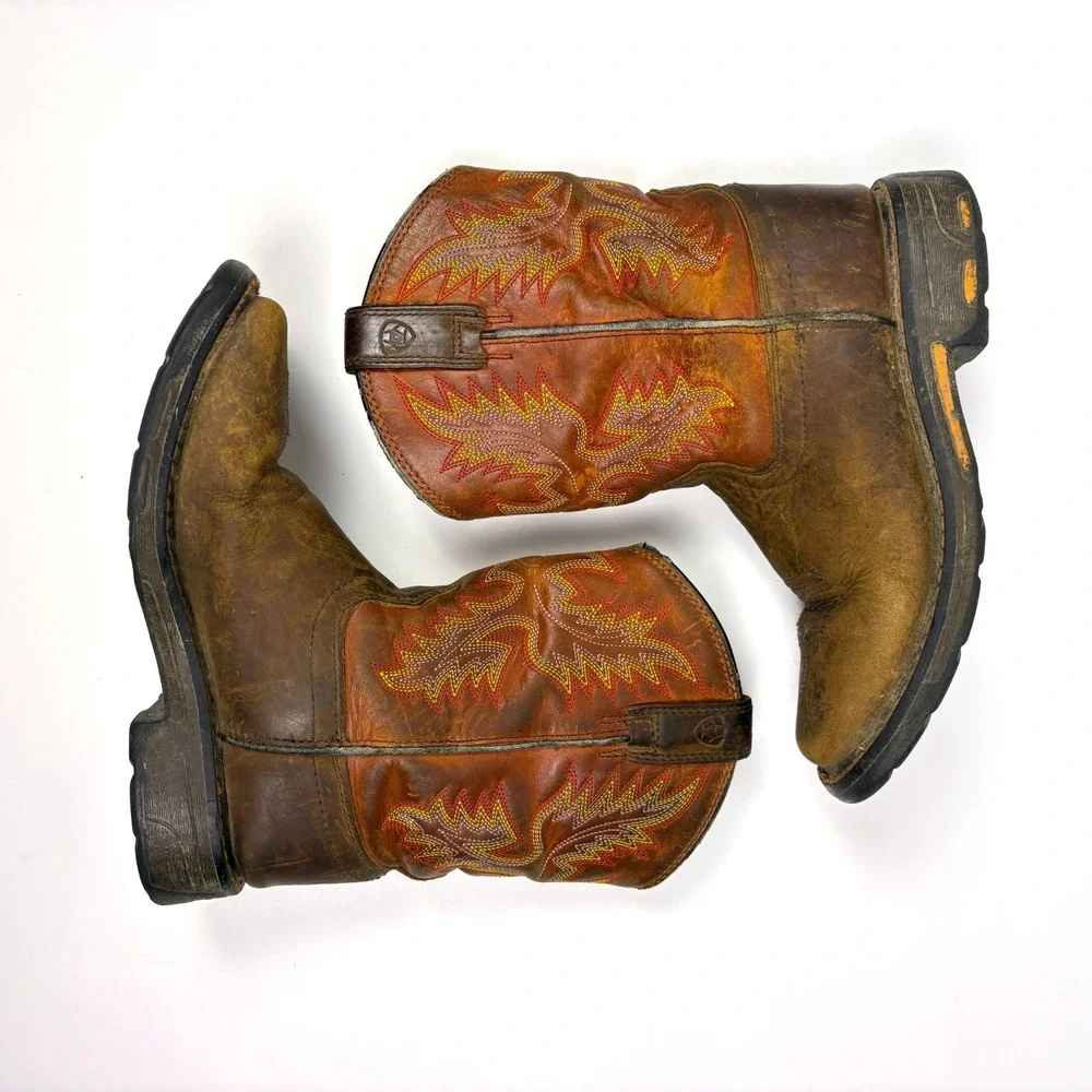 Ariat Kids WorkHog Square Toe Boots Sz 1.5‎ Brown Red Flame Embroidery Western